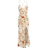 ZAFUL Womens Summer Floral Spaghetti Midi Dresses 2025 Sexy V Neck Sleeveless Drawstring Ruched Split Backless Cocktail Dress