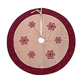 SANNO Christmas Tree Skirt, 48 inch Linen Tree Skirt Snowflakes Burlap Rustic Xmas Tree Decorations Skirts Holiday Ornaments,Double Fabric Beige with Red Edge