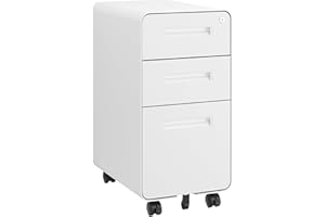 HOMSTEEL 3 Drawers Slim File Cabinet, Mobile Filing Cabinet with Lock, Steel, Fully Assembled Except Casters, for Home Office, for A4, Letter, Legal File Folders, White