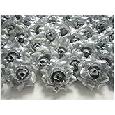 ICRAFY 24 Silk Silver Roses Flower Head - 1.75" - Artificial Flowers Heads Fabric Floral Supplies Wholesale Lot for Wedding Flowers Accessories Make Bridal Hair Clips Headbands Dress