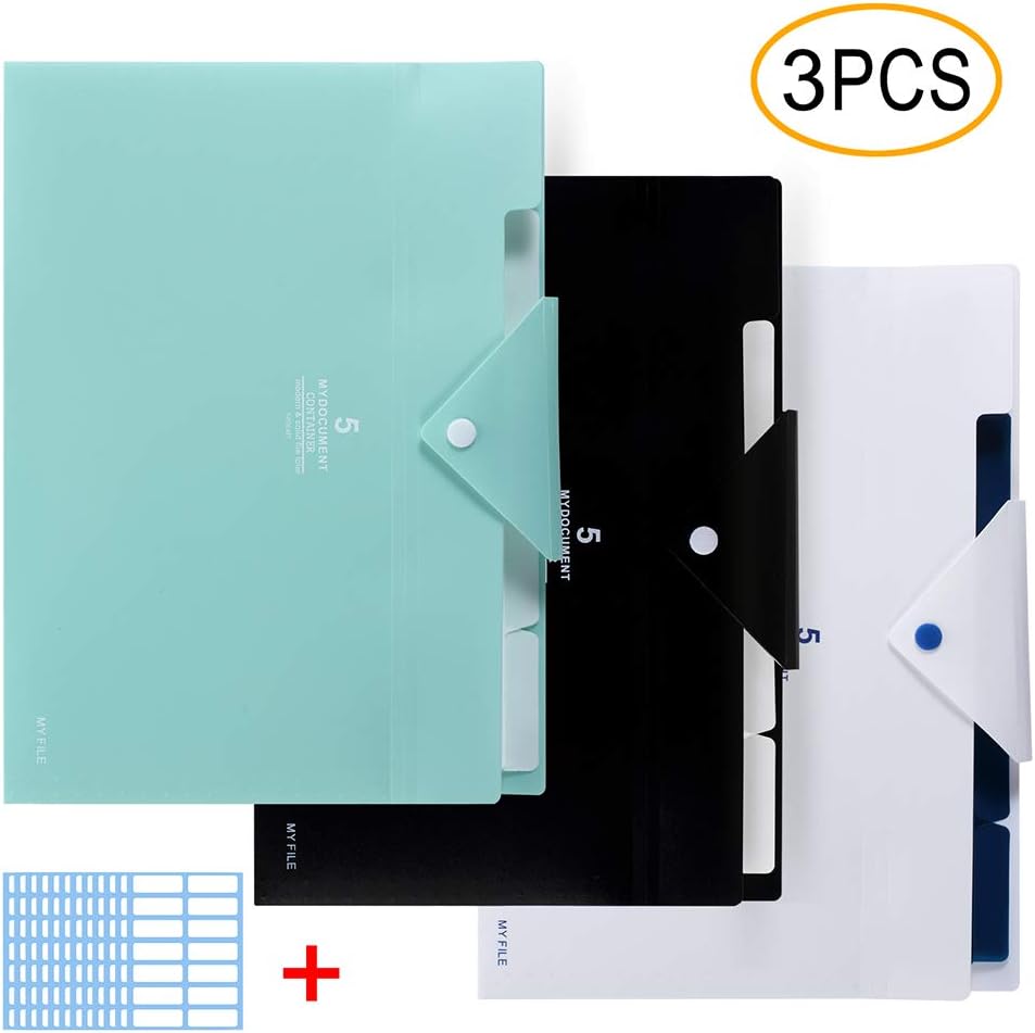Expanding File Folder, 5 Pocket Accordion File Organizer A4 Letter Size Snap Closure Document Organizer Set with 168pcs File Folder Lable for School Office Business Use(3 Pack Black/White/Light Green)