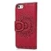 MOLLYCOOCLE iPhone SE & 5 & 5S Case, Stand Wallet Premium PU Leather Skin Cover Magnetic Flip Folio TPU Cushion Bumper Embossed Flower Design for iPhone SE & 5 & 5S & Bling Butterfly Dust Plug,Red