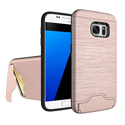 Galaxy S7 Armor Case With Card Holder and Kickstand Wire Drawing Shockproof Shell For Samsung S7 Protective Cover (Rose Gold)