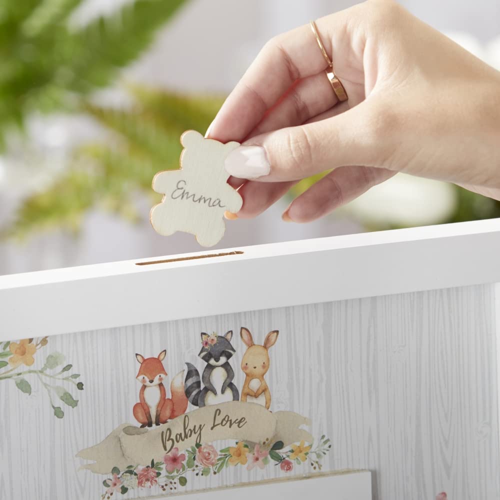 Kate Aspen Pink Woodland Baby Shower Decorations Guest Book Alternative with Wooden Teddy Bear Inserts, Woodland Nursery Decor