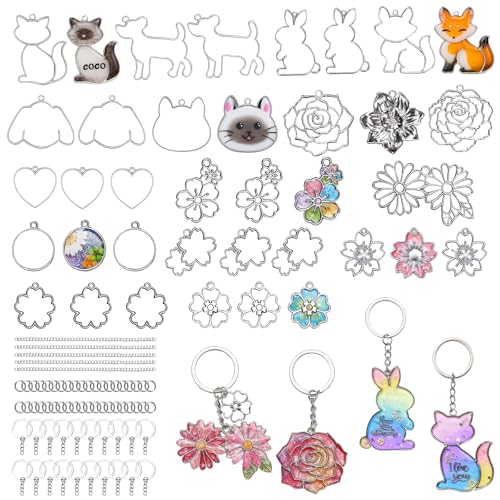 LET'S RESIN Keychain Molds 37Pcs, Silver UV Resin Molds for Beginners, Open Bezel Flower & Animal Molds for Keychain, Jewelry & Pendant Making