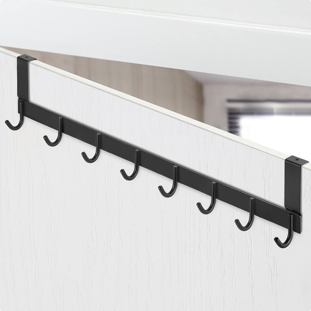 ecooe Door Coat Rack Stainless Steel Black Hook Rail Removable Door Hook with 8 Hooks Stainless Steel Door Hanger for the Door No Drilling Clothes Hooks Thickness up to 2 cm