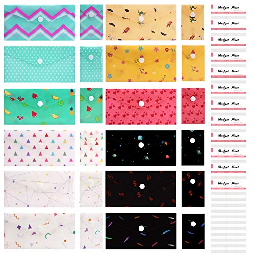 Cash Envelope System for Budgeting - 12 Waterproof Plastic Money Envelopes + 12 Reusable Coin Envelopes + 12 Budget Sheets, Gift Envelopes with Snap Buttons Budget Envelopes for Cash Currency