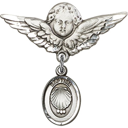 Sterling Silver Baby Badge with Baptism Charm and Angel w/Wings Badge Pin 1 1/8 X 1 1/8 inches