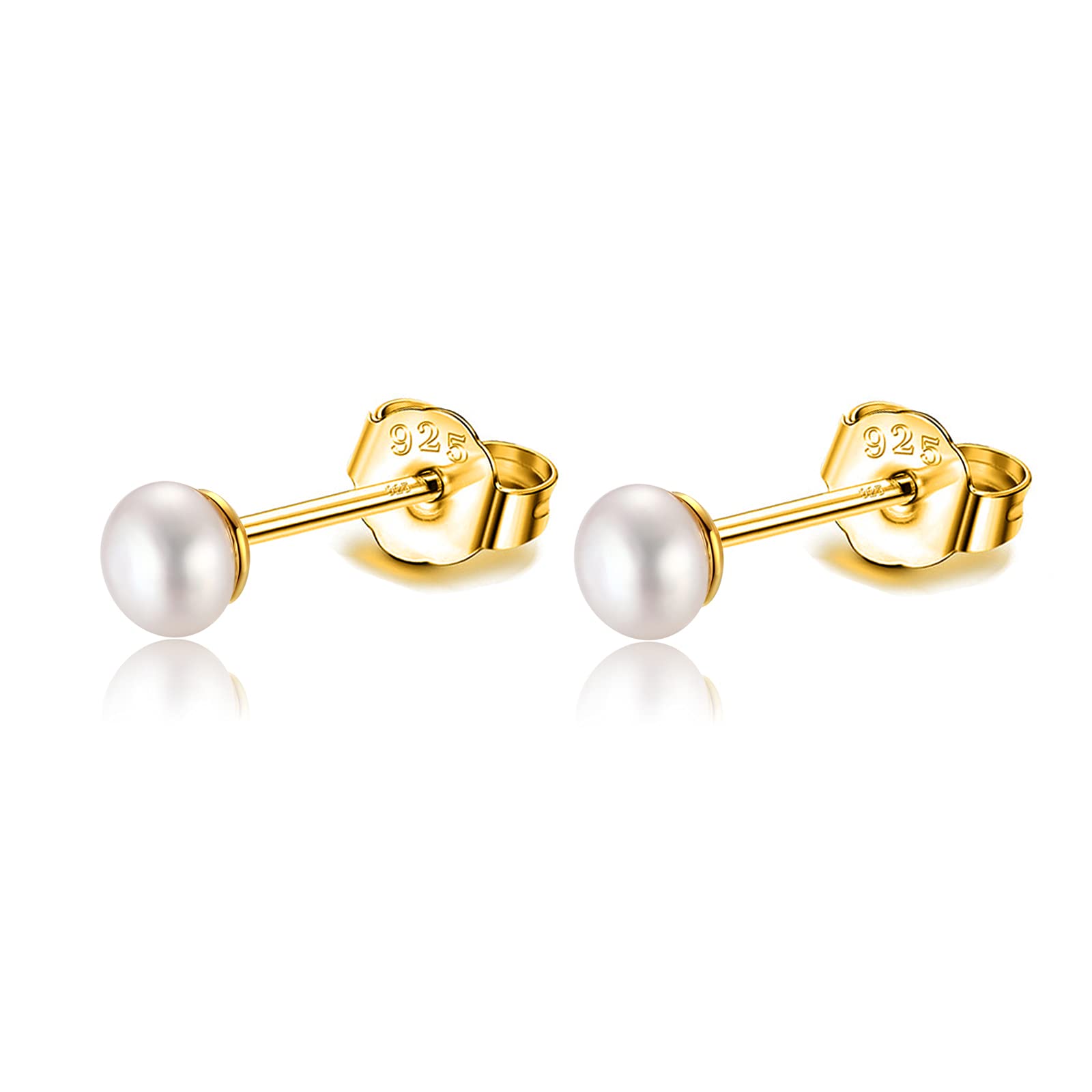 3-4mm Real Freshwater Cultured Pearl Earrings 925 Sterling Silver Gold Tiny Small White Button Pearl Studs Earrings