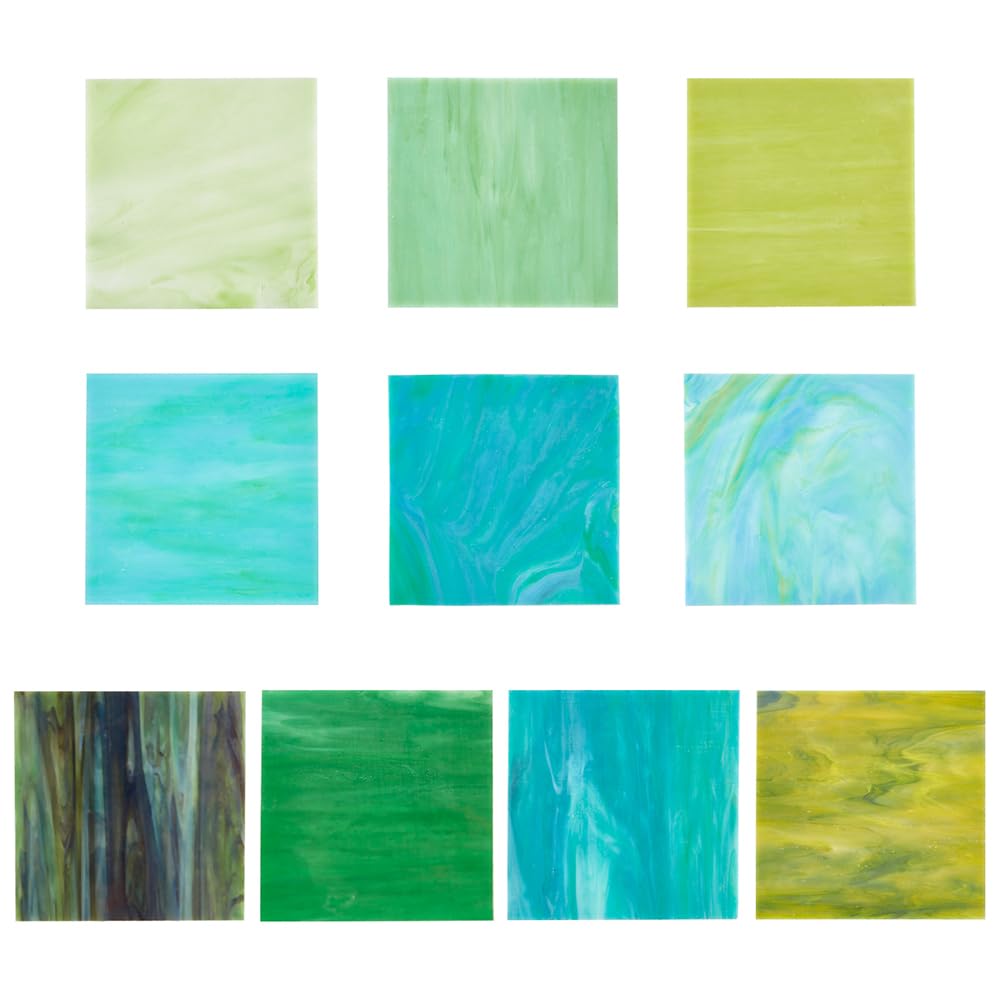 PH PandaHall 10pcs 10 Colors Glass Sheets, 3.9 x 3.9 Inch Square Cathedral Mosaic Tiles, Green Blue Variety, for DIY Projects and Home Decoration