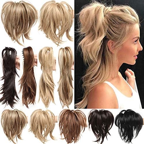 Messy Bendable Claw on Ponytail Hairpiece Clip in Jaw with 3 Bendable Metals Synthetic Straight Fluffy Hair Extension Customizable Updo Style Bleach Blonde
