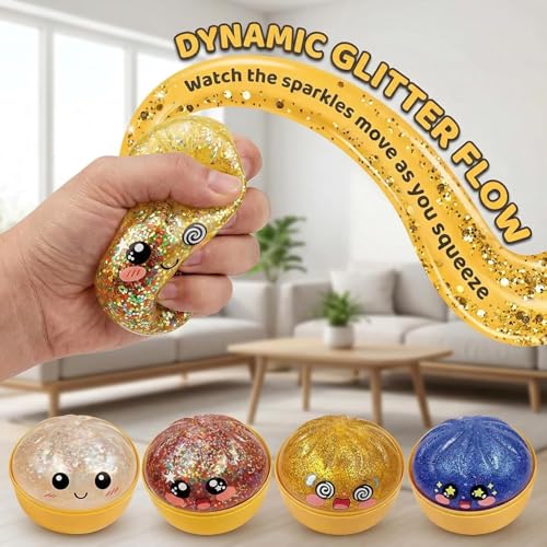 ORCHID M® Big Glitter Dumpling Squishy，Glitter Steamer Dumpling Stress Relief Ball - Sparkle Filled Sensory Squeeze Tool,Cute Adorable Soft Silicone Squeeze Toy (Golden)