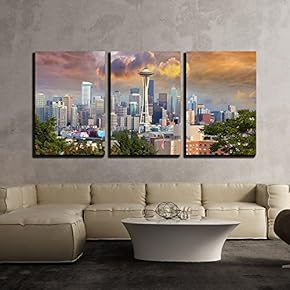 3 Piece Canvas Wall Art - Seattle Washington Cityscape Skyline with Stormy Sky - Modern Home Art Stretched and Framed Ready to Hang - 16"x24"x3 Panels