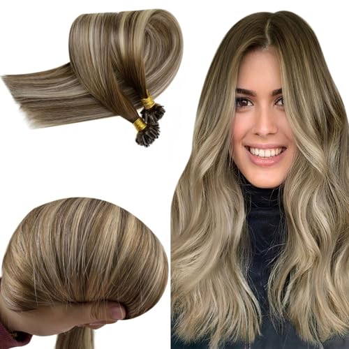 RUNATURE Hair Extensions Keratin Natural Hair Balayage Brown Blonde 40 cm 50 Stands 50 g #3/8/22