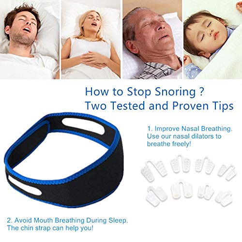 Anti Snoring Devices, 8 Anti Snoring Nose Vents & Chin Strap - Most Effective Anti-Snoring Solution Sleep Aid - 2 Types / 4 Sizes Nasal Dilators for Nose Snoring, Chin Strap for Sleep Apnea Drug-Free