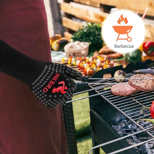 INKBIRD BBQ Gloves 800°C Extreme Heat Resistant Grill Gloves, Insulated Grilling Mitts for Kitchen Cooking, Baking, Smoking Use, Non-Slip Silicone, 14cm Long Arm Protection, Comfortable Cotton Lining