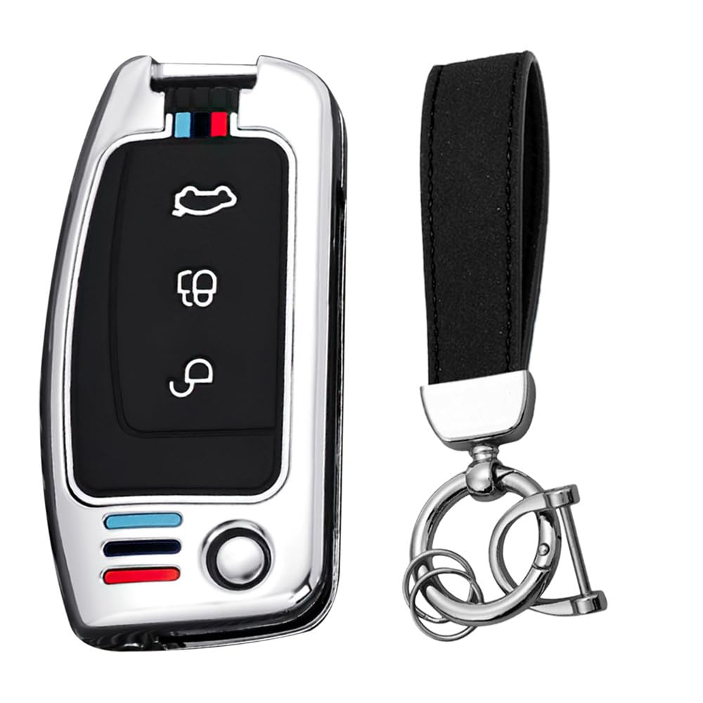 KUNIO Key Fob Cover fit ford Fiesta Focus MK2 C-Max B-Max Eco Sport Escort Tourneo Courier Ecosport Key Case Metal Cover Key Cover Key Protection Key Chain B Silver