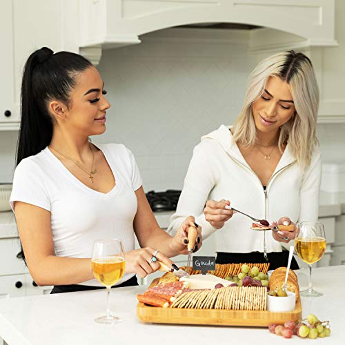 Bamboo Cheese Board and Knife Set - Wooden Charcuterie Platter & Serving Tray for Meat & Cheese with 2 Slide-Out Drawers, 6 Appetizer Forks, 6 Slate Labels, 4 Stainless Steel Knives & Bowls - (20 Pc)