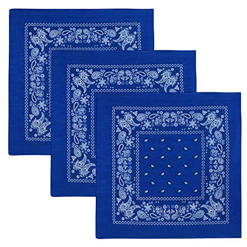 3 PK Cowboy Bandanas 100% Cotton 22 x 22 inch - Royal