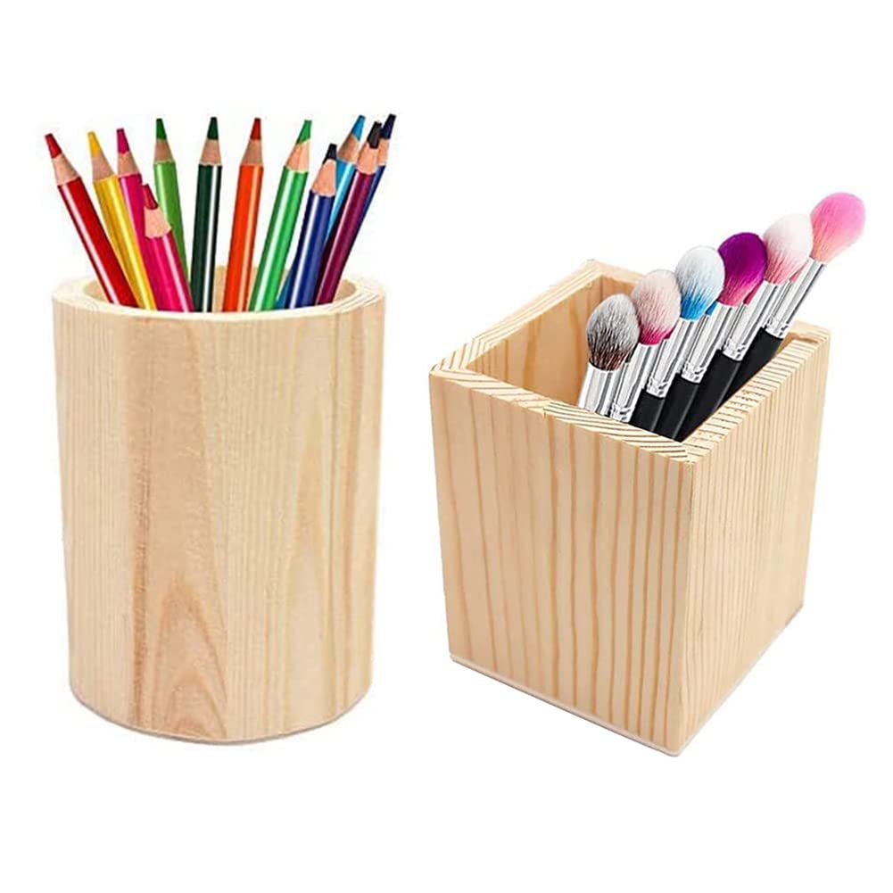 TTBDDM Rustic/Natural Wooden Pen Holder Containers, Square & Round Desk Organizer, 2-Pack, Wood Color