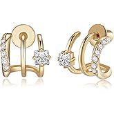 14K Gold Plated Triple Hoops Illustion Stud Earrings | Double Huggie Hoop Earrings for One Hole Illusion Stud Earrings |Zirconia Gold Hoop Earrings for Women