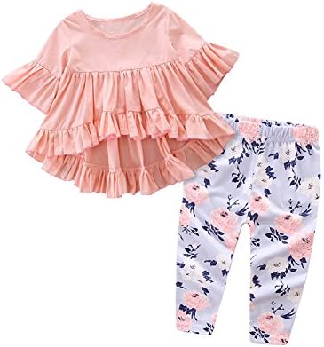 KIDSA 0-3T Baby Toddler Little Girls Clothes 3/4 Sleeve Irregular Ruffles T-Shirt + Floral Pants Outfits Set