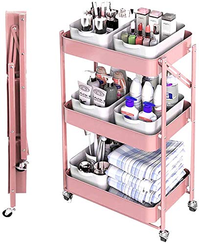 Jolitac Foldable Rolling Cart 3-Tier Metal Storage Organizer Mobile Trolley for Beauty Craft Art Mesh Collapsible Utility Cart with Wheels, for Bedroom Kitchen Bathroom Dining Room Garage Office(Pink)