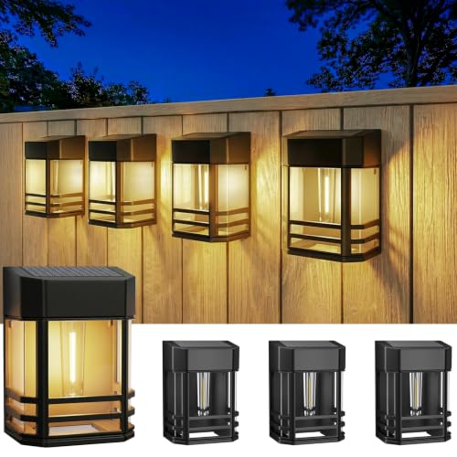 btfarm 4 Pack Solar Fence Lights Outdoor with 3 Brightness, Retro Wall Lights Solar Powered Edison LED Bulbs, Waterproof Post Wall Mount Lights for Deck Porch Garden Patio Backyard Decor, Warm White