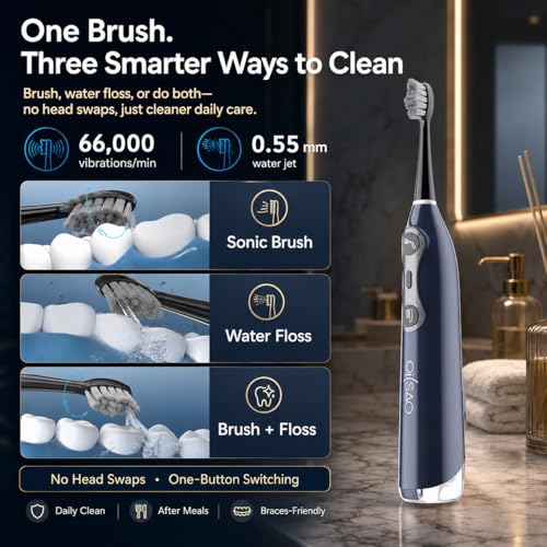 Electric Toothbrush with Water Flosser for Adults, 3-in-1 Sonic Brush & Floss Combo, Cordless Oral Irrigator with 5 Brush Heads, 3 Modes, 30-Day Battery, Travel Toothbrush for Braces, Sensitive Gums