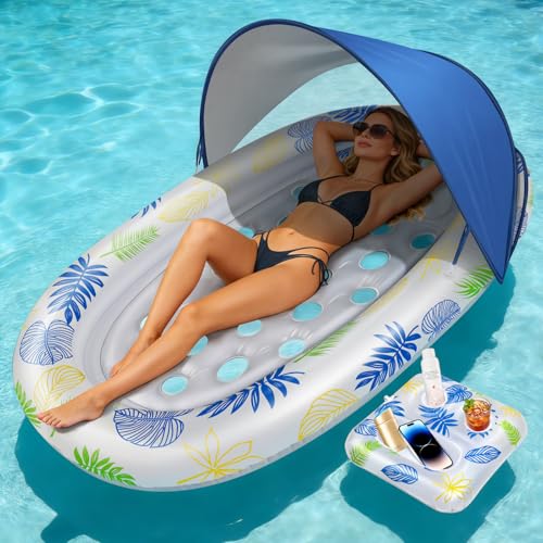 JONRRYIN Materassino Gonfiabile Piscina 180×110cm, Lettino Abbronzante per Adulti con Tettuccio Parasole Rimovibile ed Effetti Luminosi per Piscina, Spiaggia e Lago