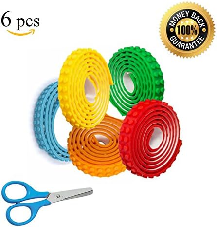 PROMOTIONAL OFFER LIMITED TIME - 5 Colors Block Tape Self-Adhesive Rolls Bonus Safety Scissors Compatible With Lego Tape DYI Toy Building System Lego Blocks Mayka Blocks - 15 Feet Long Total - 6 Pack