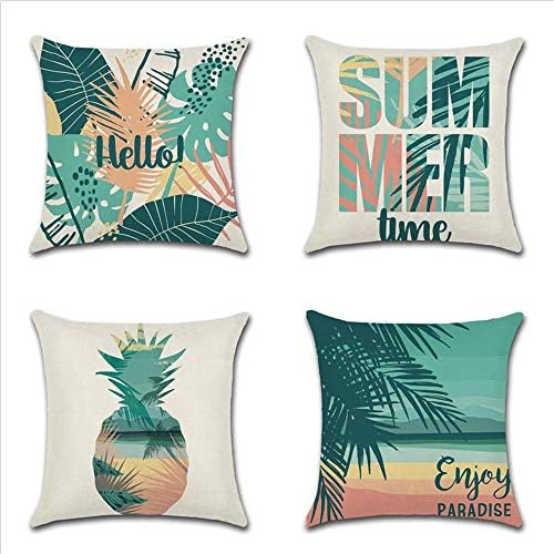 Jashem Hello Summer Theme Throw Pillow Cover 18x18 Inch Set of 4 Beach Leaves Printed Cushion Cases for Sofa Bed Couch Home Decoration