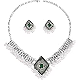OIDIMS Crystal Jhumkas Indian Earrings Choker Necklace for Women Fashion Cubic Zirconia Boho Beaded Chandelier Pendant Punk Chunky Necklaces for Wedding Party Elegant Bollywood Festival Jewelry Set
