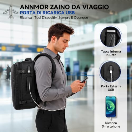 ANNMOR Travel Backpack, 24L Cabin Backpack 40x30x20 Ryanair Compliant, Expandable up to 30L for 15.6" Laptop and USB Port, Ideal for Short Trips and Weekends - Black