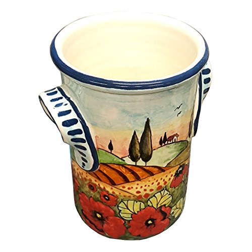 CERAMICHE D'ARTE PARRINI- Italian Ceramic Utensil Holder Vessel Hand Painted Made in ITALY Decorated Landscape Poppies Tuscan Art Pottery