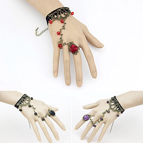 BUYITNOW Floral Bracelet Retro Lace Rhinestone Alloy Hand Chain With Rose Ring Set