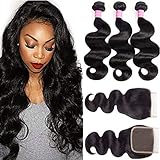 10A Brazilian Body Wave Virgin Hair 3 Bundles With Closure Free Part Unprocessed 100% Human Hair Bundles With Lace Closure (12 14 16+12Free part)