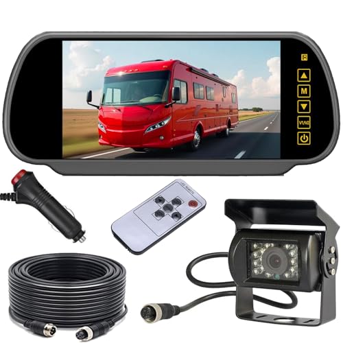 7" 4 Pin Mirror Monitor + 18 LED Night Vision Waterproof Rear View Camera with 15m Cable for Truck Caravan Trailer Motorhome 12V-24V