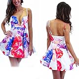 Moxeay® U-Neck Sleeveless Slim Waist Mid-Thigh One Piece Dress (M, Flower)
