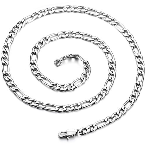 MOWOM Silver Tone 5.0mm Wide Stainless Steel Necklace Figaro Chain Link 14~40 Inch