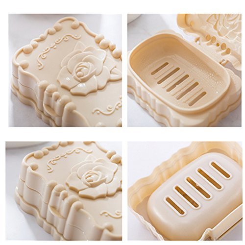 Youzpin Rose Printing Double-Deck Draining Board with Lid Plastic Soap Box,Bathroom Keep Soap Dry Waterproof Soap Dish,Travel Protection Soap Holder~(2 Pack Soap Dish)