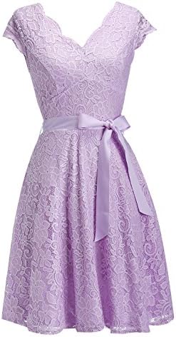 Women's Short Vintage Floral Lace Dress V-Neck Cap Sleeve Belt Bridesmaid Party Cocktail Dress