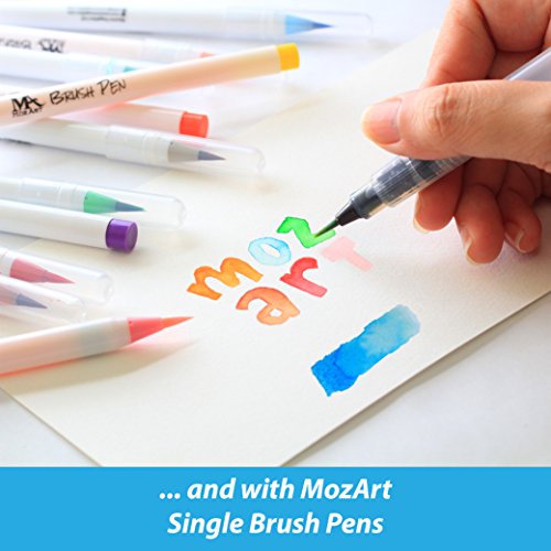 Water Brush Pens - Set of 6 brush tips - Perfect to use with watercolor paints, water soluble pencils, brush pens, markers - Blends with water - Convenient - Aqua Pen - MozArt Supplies