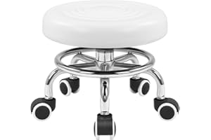KKTONER Black Roller Seat PU Leather Rolling Stools with Wheels Nail Stool for Home Work Office Shop Step Stool (White)