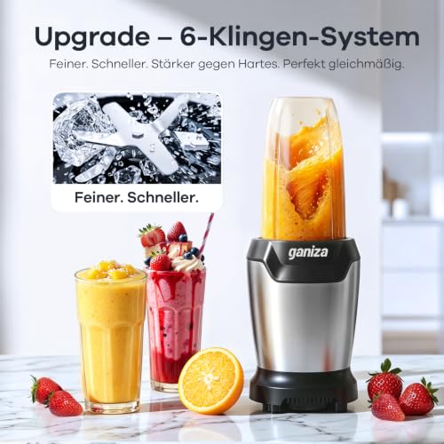 Ganiza Blender, 1300 W Smoothie Maker, Stand Mixer with 3 Portable Mixing Cups (2 x 1100 ml & 1 x 660 ml), Six Blade Made of Stainless Steel, BPA-Free, Easy to Clean, Electric Blender for Milkshakes