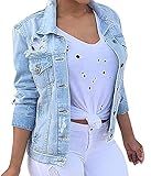 Pxmoda Women's Turn Down Collar Ripped Destroyed Denim Jacket Outwear