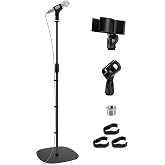 BILIONE Microphone Stand Floor, Boom Mic Stand with Weighted Base | 45''-75'' Height Adjustable, 2 Clips &amp; 3/8'' to 5/8'' Adapter Compatible with Blue Yeti HyperX QuadCast Shure SM58