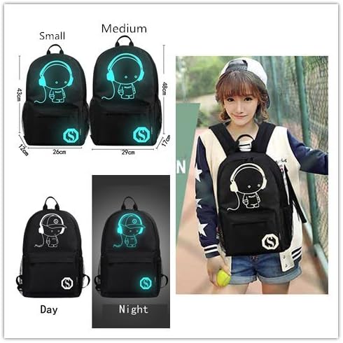 Noctilucent Cartoon Preppy Teenagers Backpack, Malltop Fashion Travel Hiking School Students Bags (Black Music Guys, Medium)