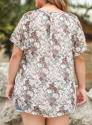 EYTINO WOMEN PLUS SIZE SUMMER TOPS FLORAL PRINTED V NECK CASUAL LOOSE SHORT SLEEVE BLOUSES SHIRTS,2X GRAY
