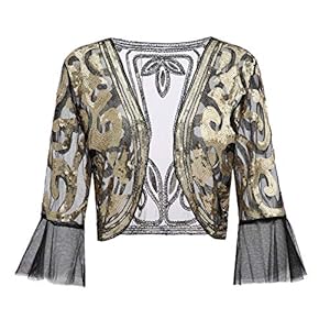 Metme Vrouwen Bloemen Pailletten Shrug Jas Open Front Glitter Bijgesneden Bolero Shrugs 2/3 Bell Mouwen Kant Vest